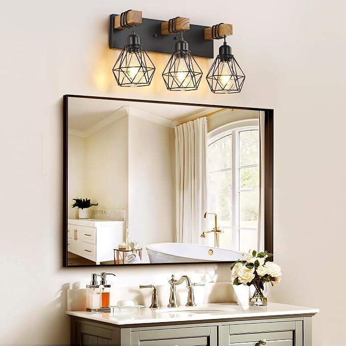 Farmhouse Vanity Light for Bathroom, 3-Light Wood Bathroom Vanity Light - Image 2