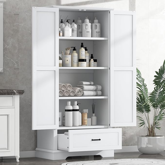Tall Storage Cabinet with 2 Doors, 1 Drawer and Adjustable Shelf, Wood Floor - Image 3