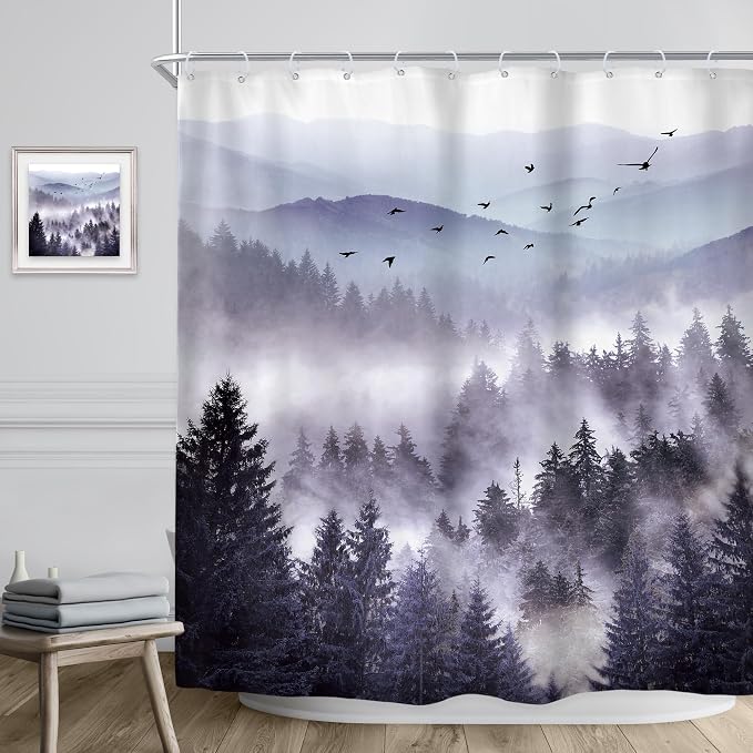 Riyidecor Purple Mountain Shower Curtain 72Wx84H Inch Extra Long Woodland - Image 3