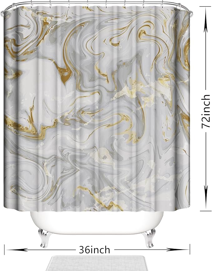 Domoku Grey Gold Marble Shower Curtain, Abstract Modern - Image 2