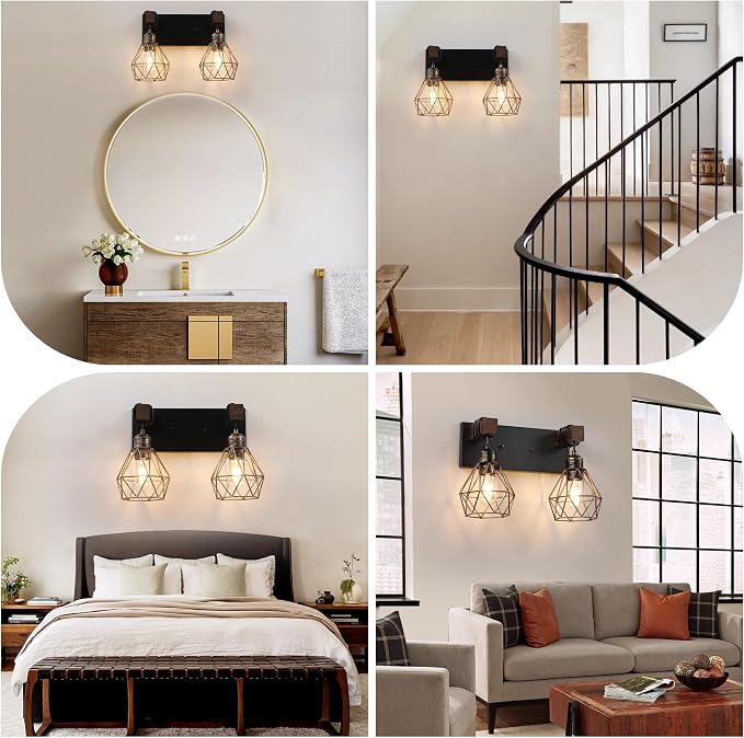 Farmhouse Vanity Light for Bathroom, 2-Light Black Gold Wood Bathroom Vanity - Image 6