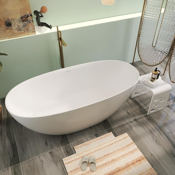 67" Premium Solid Surface Freestanding Bathtubs, Upgraded Matte White Modern - Image 2