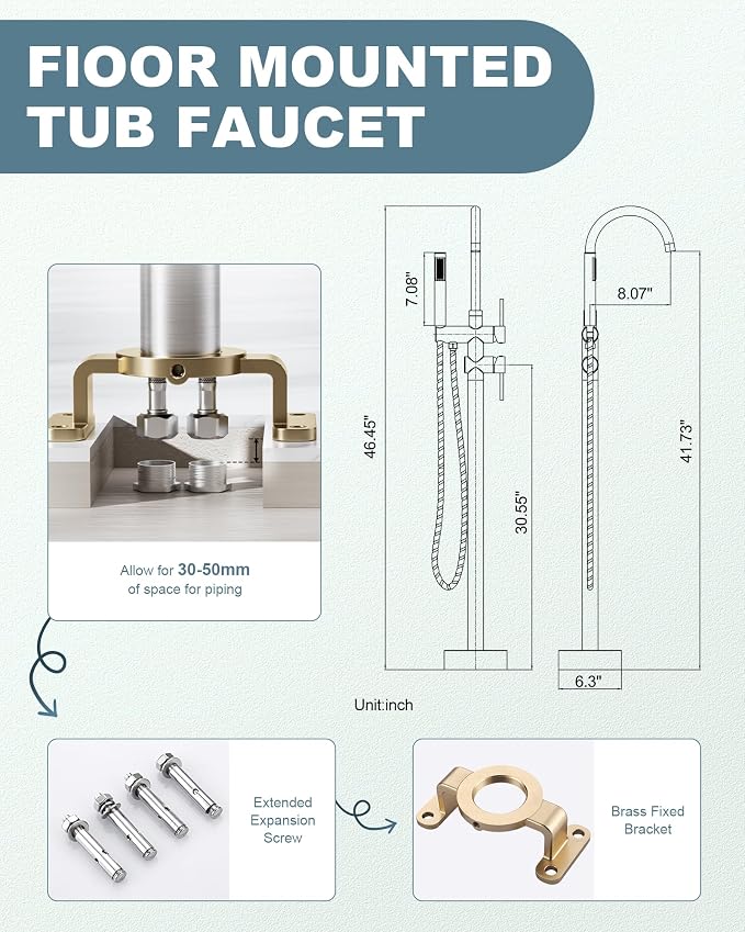 Freestanding Bathtub Faucet Brushed Nickel, Floor Mount Tub Filler, High Flow - Image 6