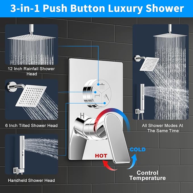 Shower Faucet Set, 3-Setting Push Button Polish Chrome Shower System, 12 Inch - Image 3