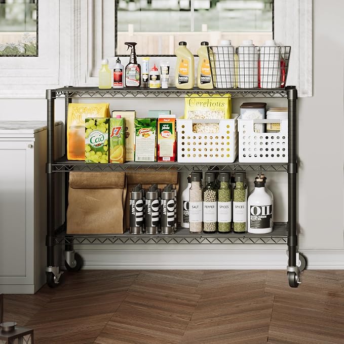 3-Tier Wire Shelving Unit with Wheels, 36.9" W x 18.6" D Heavy Duty Metal - Image 4