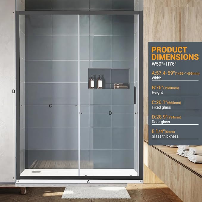 Bathroom Shower Glass Door 57.4"-59" W×76" H, Single Sliding Shower Door - Image 2