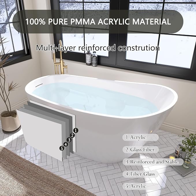 59" Free Standing Tub, Pure Acrylic Freestanding Bathtub, Stylish Stand Alone - Image 7
