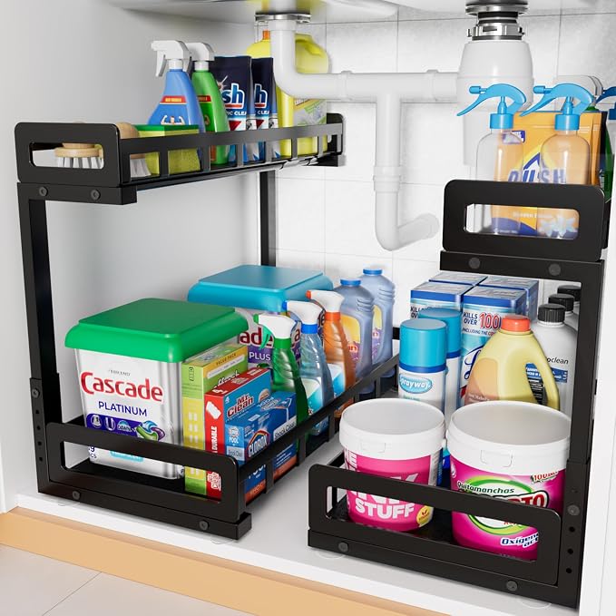 Under Sink Organizer 2 Pack, Metal Large Capacity 2-Tier Sliding Cabinet by Luosiviwi