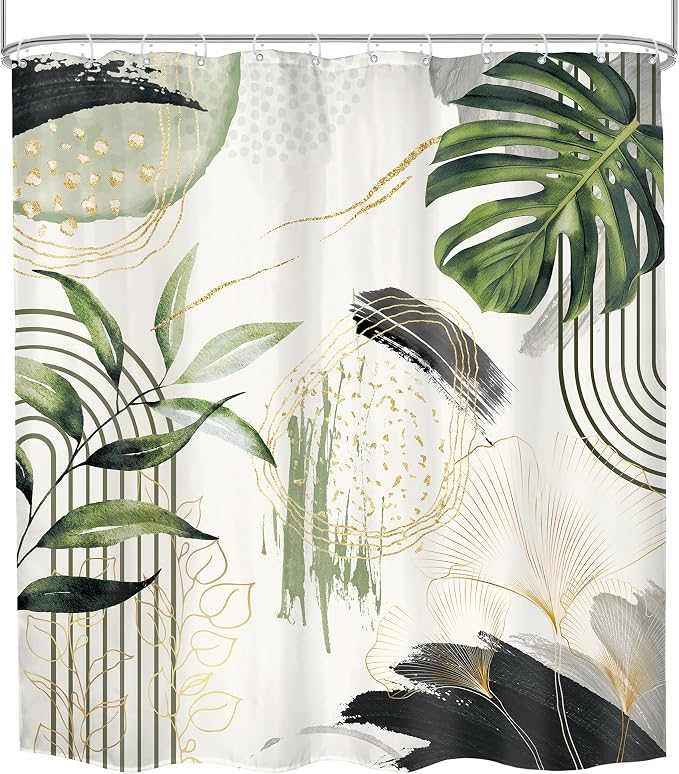 Grey Green Boho Shower Curtain 72Wx78H Long Tropical Palm Leaves Abstract - Image 7