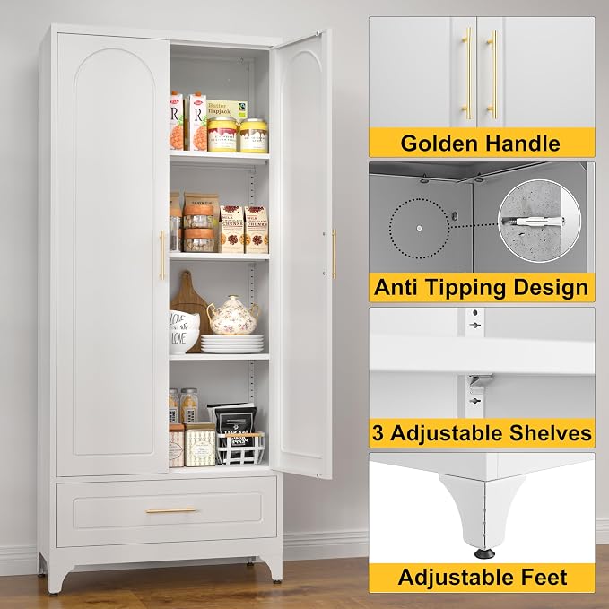 Metal Storage Cabinet with Drawers, 75Inch White Pantry Cabinets - Image 5