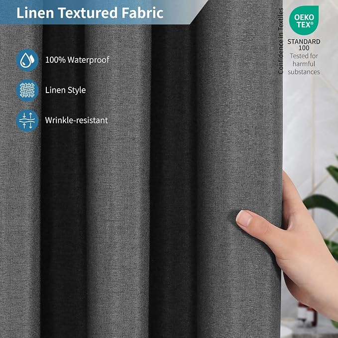 2-in-1 Waterproof Fabric Shower Curtain or Liner, Linen Textured, Breathable - Image 4