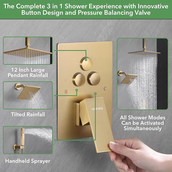 VANFOXLE Shower Faucet Set Brushed Gold Shower System, Push Button Diverter - Image 5