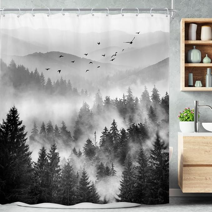 Riyidecor Black and White Shower Curtain 72Wx96H Inch Extra Long Mountain by Riyidecor