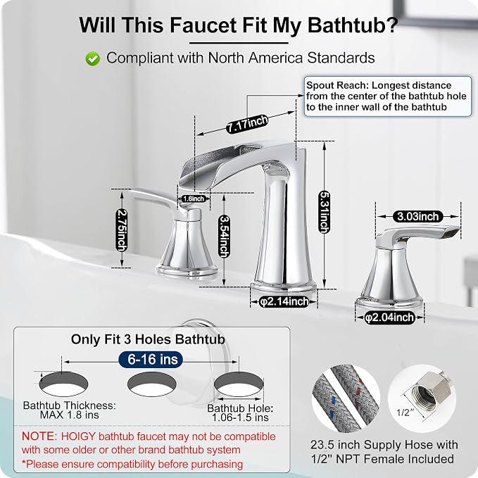 Widespread Waterfall Bathtub Faucet Set, Brass Chrome Roman Tub Faucet 3 Hole 8 - Image 6