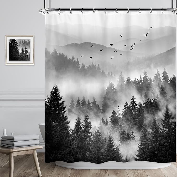 Riyidecor Mountain Shower Curtain 60Wx72H Inch Black Pine Tree Nature Scenery - Image 2