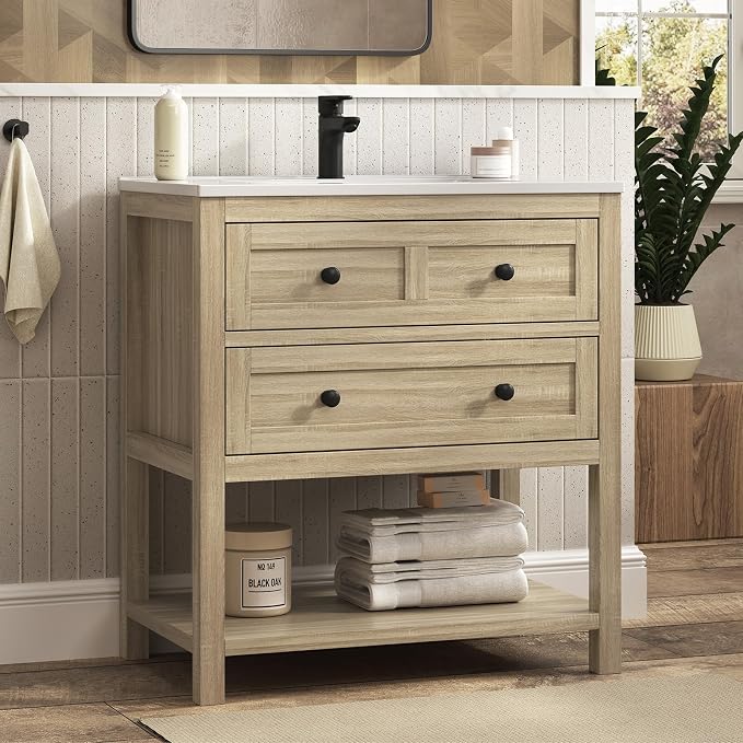 30 Inch Bathroom Vanity with Sink, Farmhouse Storage Cabinet with Drawers & - Image 3