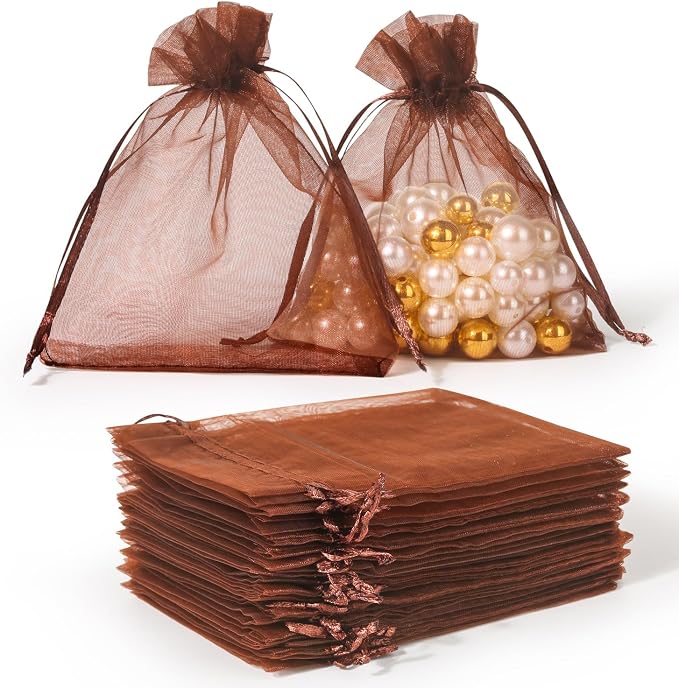 Hopttreely 100PCS Sheer Organza Bags, 4x4.72 Brown Satin Drawstring Organza by Hopttreely