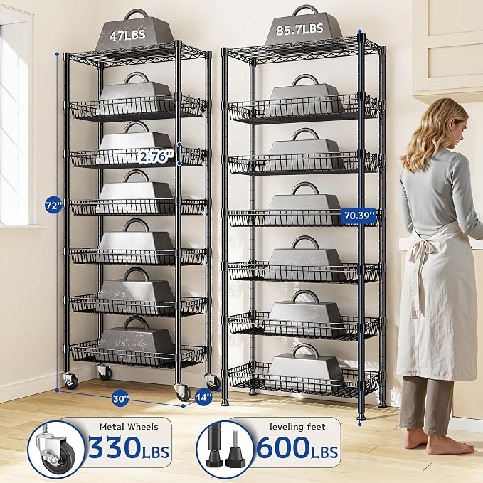 7 Tier Wire Shelving with Wheels 72" H Adjustable Basket Shelf Storage Shelves - Image 3