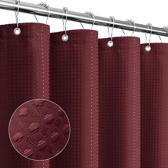 Gibelle Burgundy Red Shower Curtain, Waffle Weave Textured Fabric Shower Curtain by Gibelle