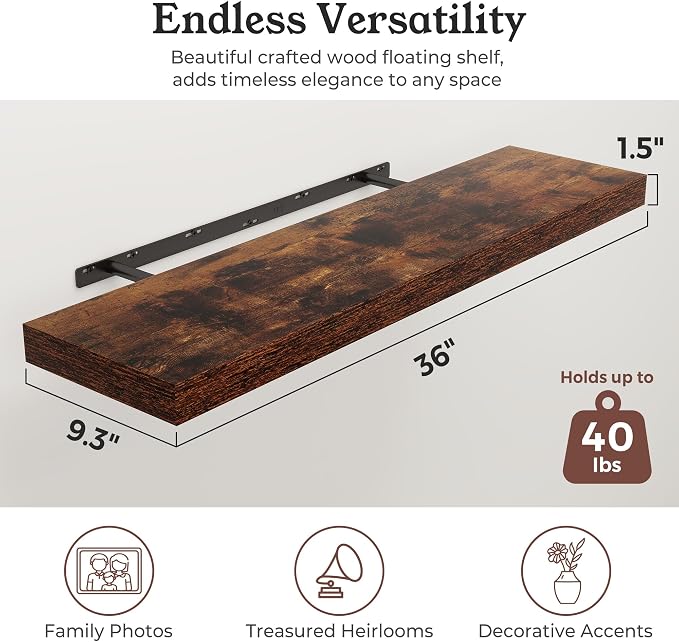 Floating Shelves for Wall, 9.3" Deep Wall Mounted Wood Shelves for Bathroom - Image 2
