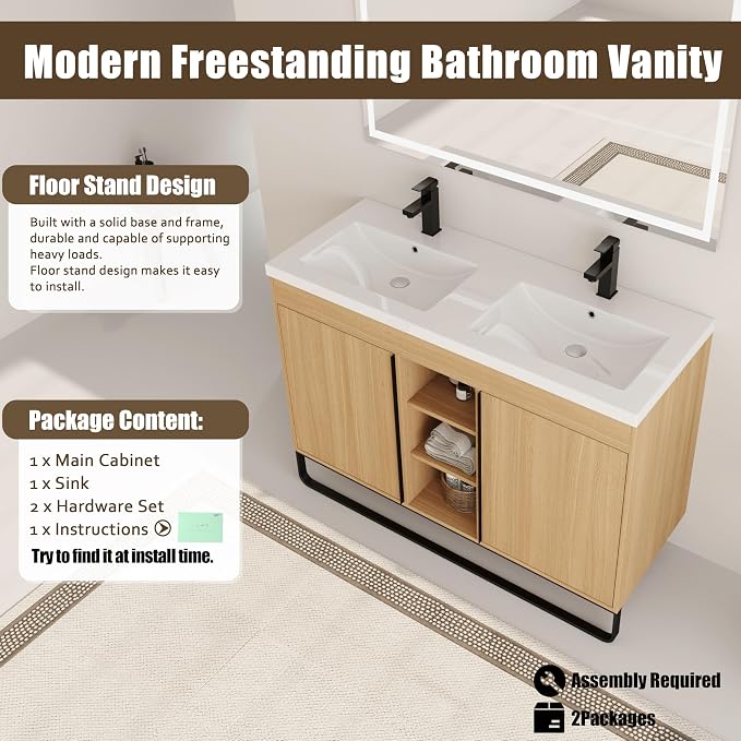 48 Inch Double Sink Bathroom Vanity, Premium Wooden Cabinet - Image 4