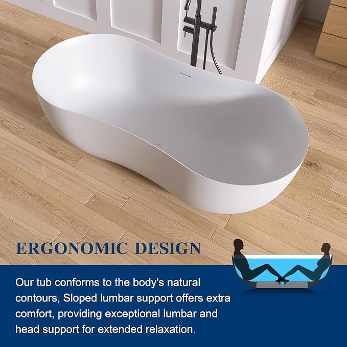 67 Inch Stone Resin Freestanding Bathtub, Contemporary Peanut Oval Stand Alone - Image 3