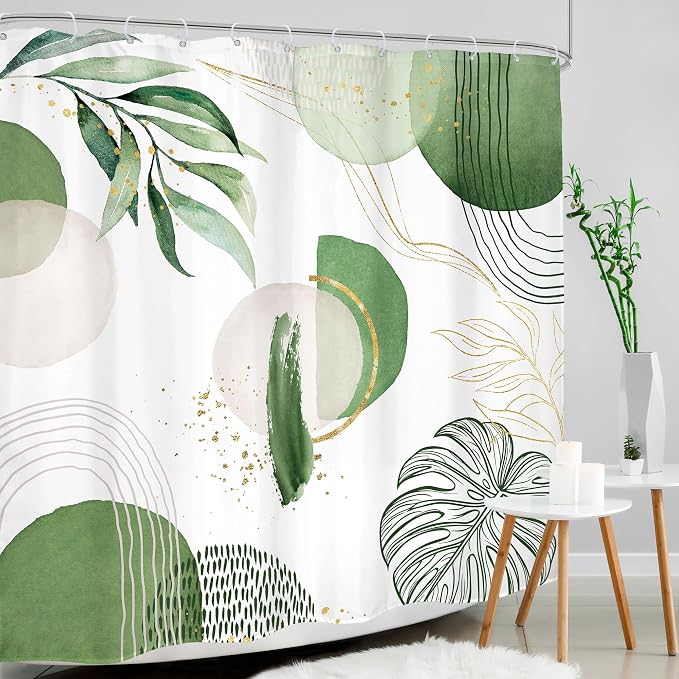Green Boho Shower Curtain 72Wx72H Mid Century Modern Abstract Gold Olive - Image 3