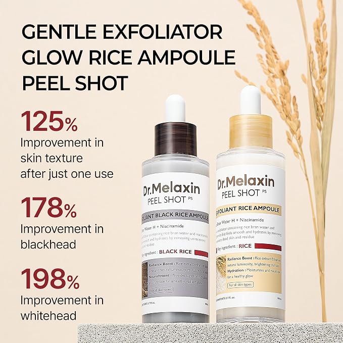 Dr.Melaxin Peel Shot Glow White and Black Rice Ampoule Duo, Soft Exfoliating - Image 2