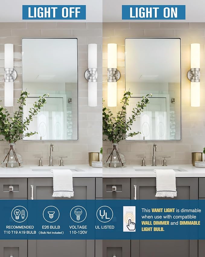 Emak Modern Brushed Nickel Bathroom Light Fixtures, 2-Light Vanity Lights - Image 2