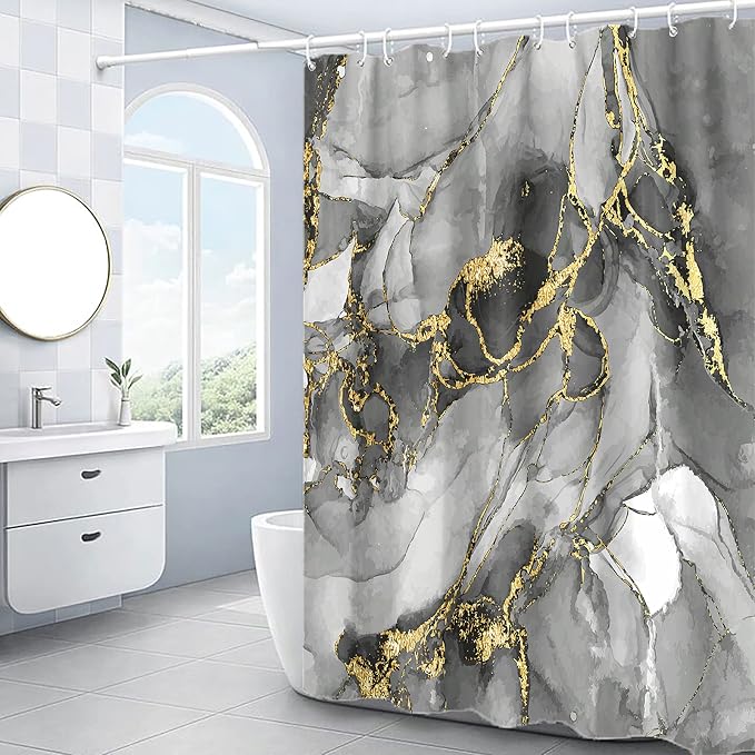 Domoku Brown Gold Marble Shower Curtain, Waterproof Texture Washable Fabric by DOMOKU