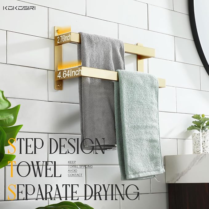 KOKOSIRI 16'' Towel Bars Bathroom 2-Tiers Ladder Brushed Gold Towel Rails Towel - Image 5