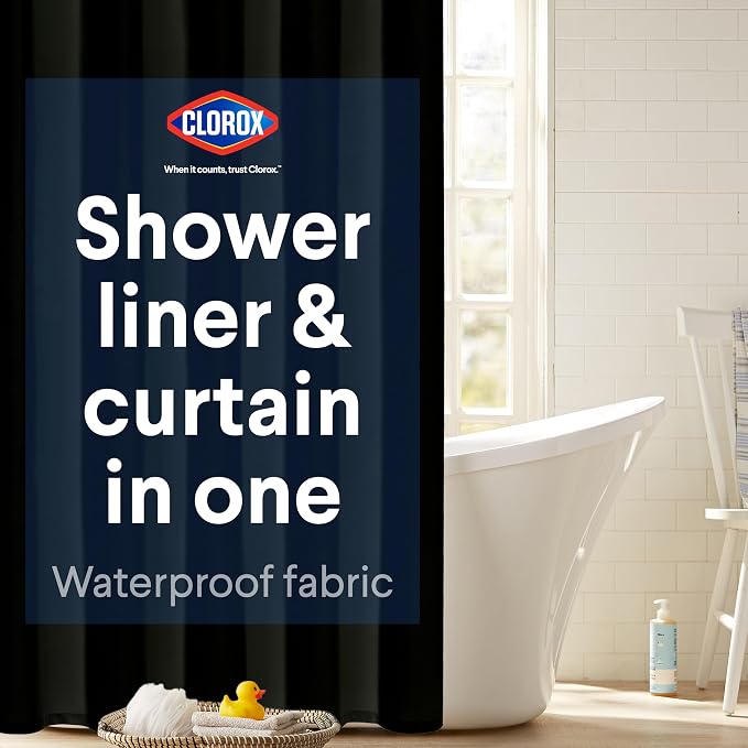 CLOROX 2-in-1 Bathroom Shower Curtain Liner, Durable Fabric, Weighted Magnets by Clorox