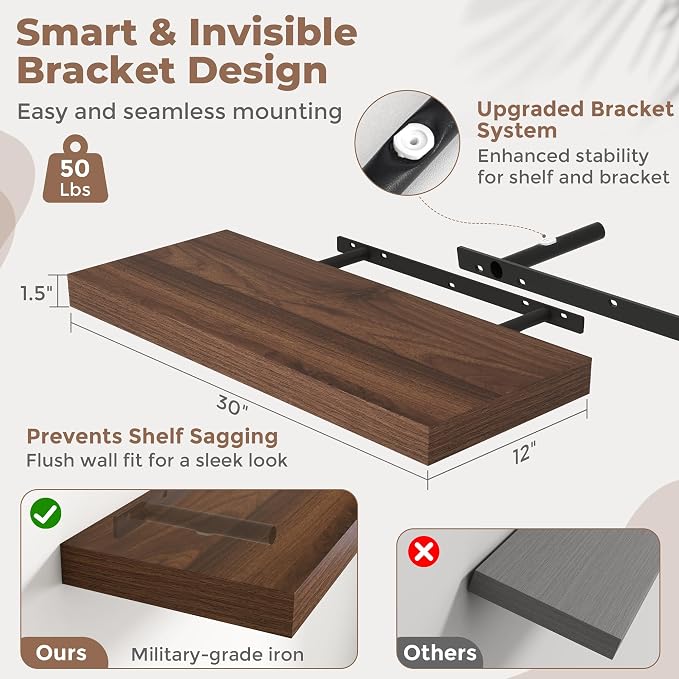 30 Inch Floating Shelves for Wall Set of 2, Easy Install Engineered Wood - Image 3