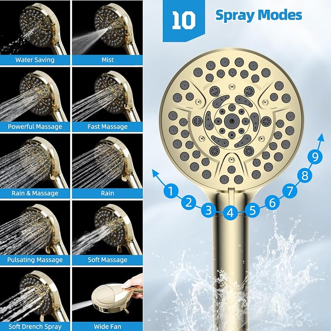 Hibbent All Metal Shower Head, Handheld Showerhead Combo, 10 Sprays, Adhesive - Image 4
