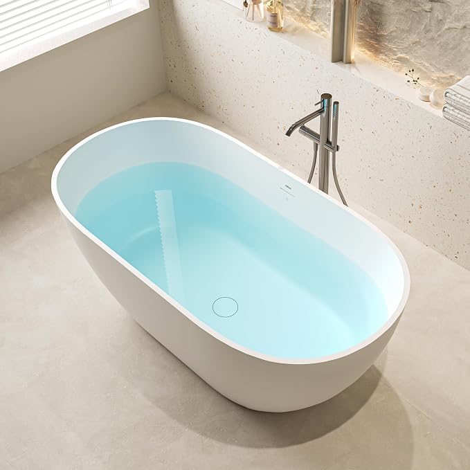 FerdY Fiji 59" Stone Resin Freestanding Bathtub, Elegant Oval Freestanding - Image 3