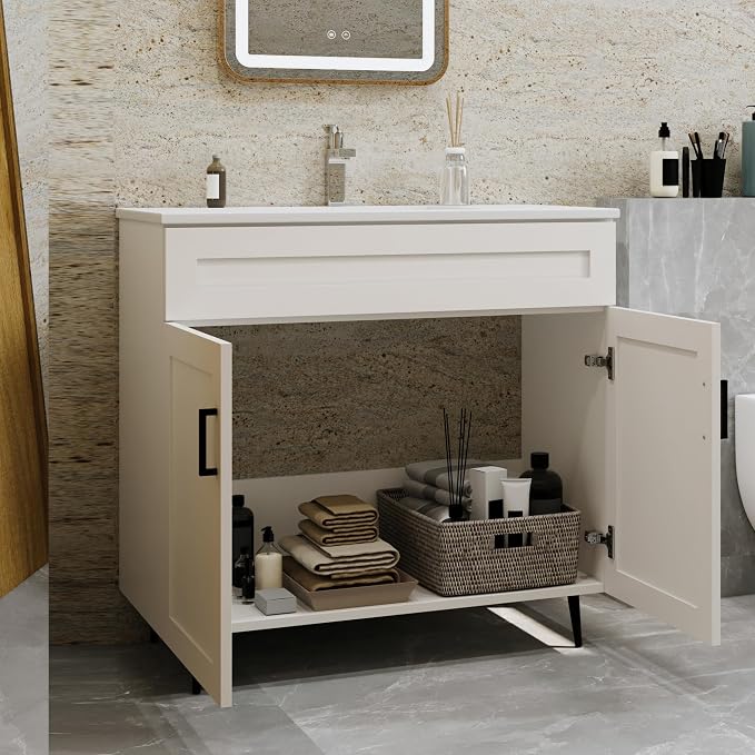 36" Bathroom Vanity with Sink, Freestanding Wooden Bathroom Vanity with 2 Doors - Image 7