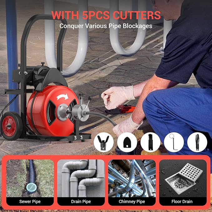 Electric Drain Cleaning Machine 100Ft 3/4 Inch, 750W Auto Feed Portable Sewer - Image 6