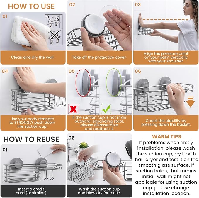 LEVERLOC Shower Caddy Suction Cup, 2 Pack Shelves - Image 7