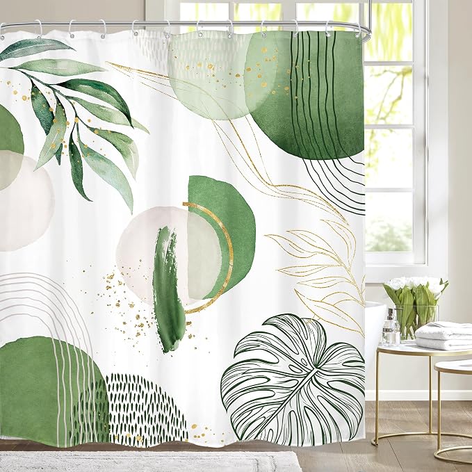 Green Boho Shower Curtain 60Wx72H Bohemian Mid Century Modern Abstract Palm by MitpokBrand