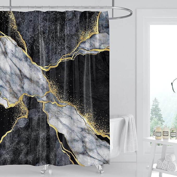 Domoku Black Gold Marble Shower Curtain, Modern Abstract Design, Waterproof by DOMOKU