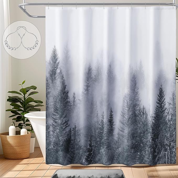 ORTIGIA Grey Shower Curtain for Bathroom, Misty Forest Shower Curtain Set by ORTIGIA