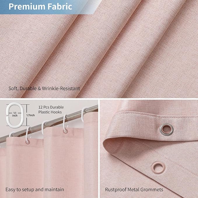 2-in-1 Waterproof Long Fabric Shower Curtain or Liner, Linen Textured, 78 Inch - Image 4