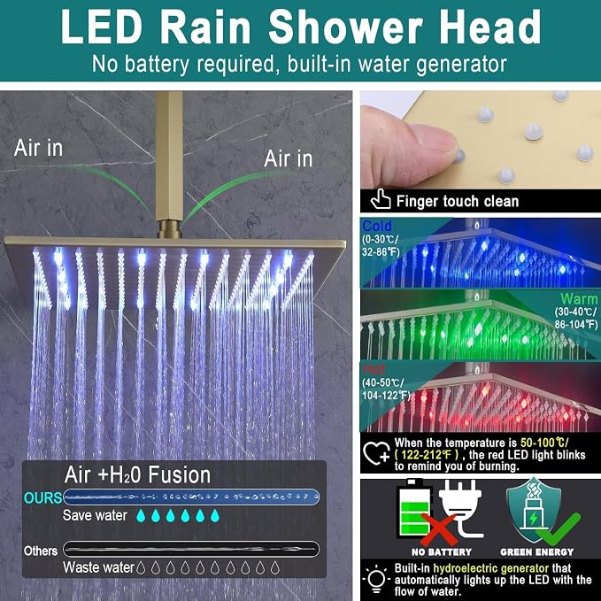Enga Brushed Gold Shower Jets System, 16 Inch LED Rainfall Shower Faucet Set - Image 3