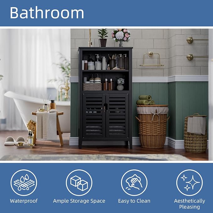 HITNET Black Bathroom Storage Cabinet, Freestanding Bamboo Floor Cabinet 5 Tier - Image 5