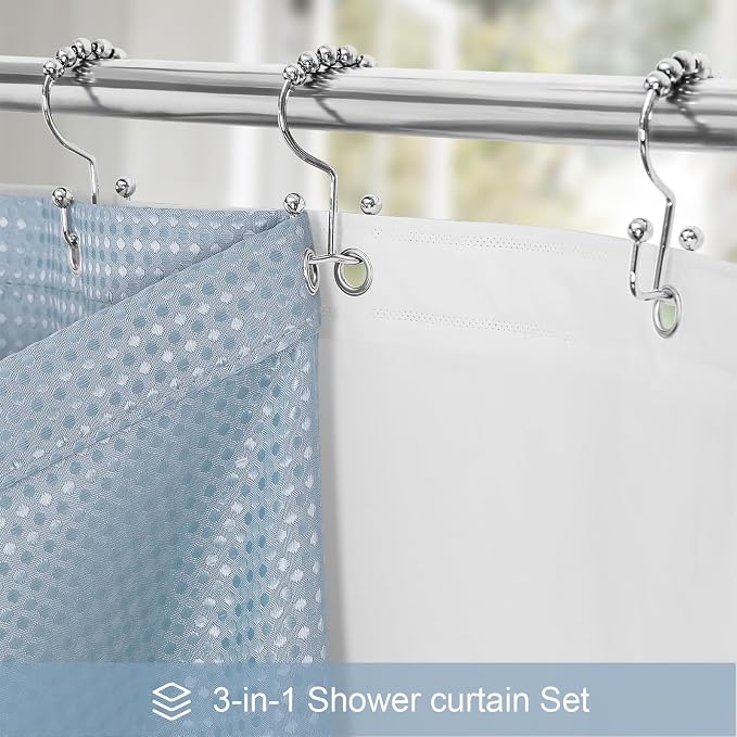 3 in 1 Long Blue Shower Curtain Set-72 W x 78 H, Fog Blue Waffle and PEVA Liner - Image 2