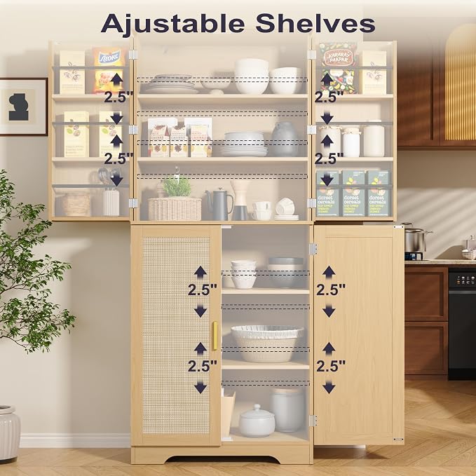 72" Tall Kitchen Pantry with Rattan Doors, Storage Cabinet with Organizer - Image 5