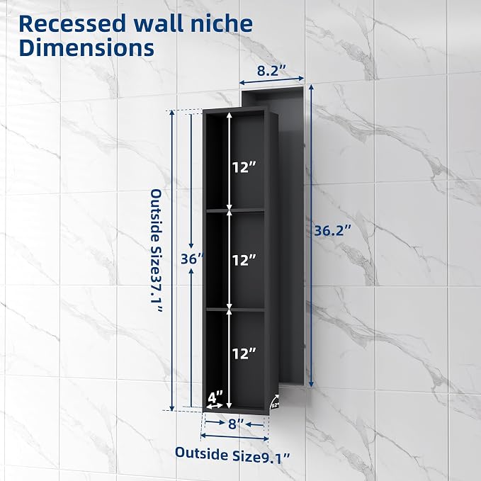 Neodrain 8X36 Inch Matte Black Three Layers Shower Niche, Stainless Steel NO - Image 2