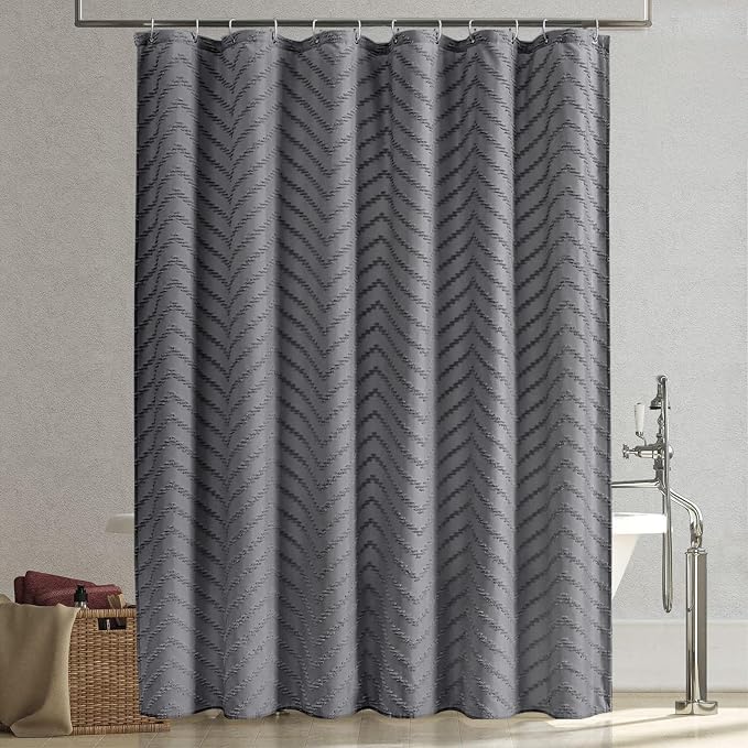Extra Long Grey Boho Shower Curtain 96 Inch Grey Tufted Chevron Striped Fabric - Image 7