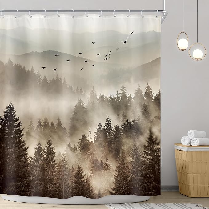 Riyidecor Foggy Mountain Shower Curtain 72Wx72H Inch Nature Abstract Scenery - Image 2