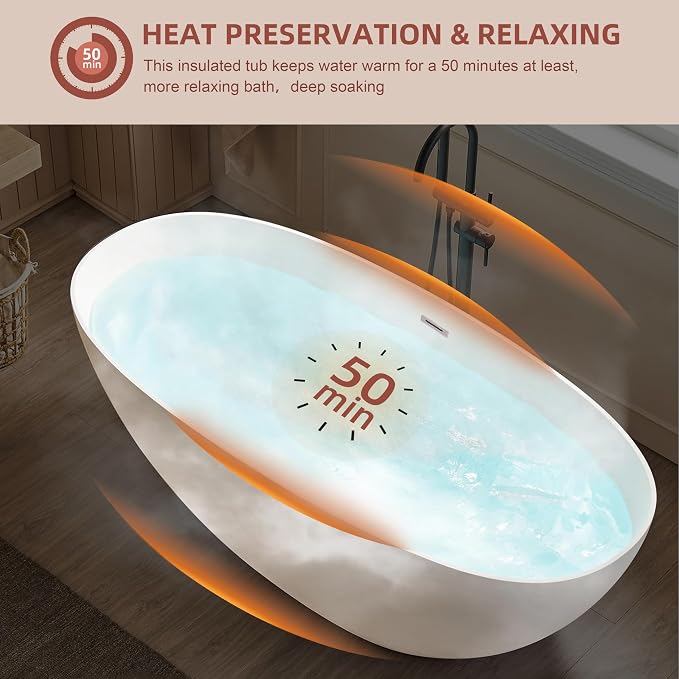 59 inch Freestanding Soaking Bathtub, Modern Stand Alone Free Standing Acrylic - Image 5